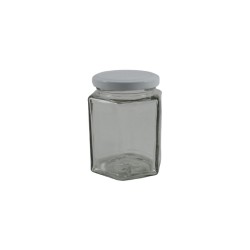 FRASCO DE VIDRIO HEXAGONAL CON TAPA METÁLICA