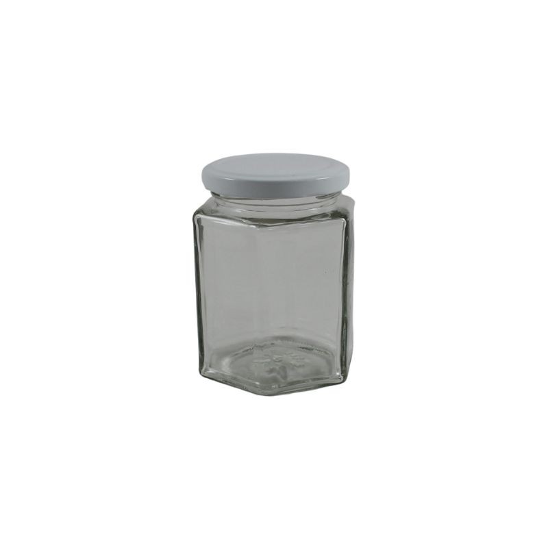 FRASCO DE VIDRIO HEXAGONAL CON TAPA METÁLICA