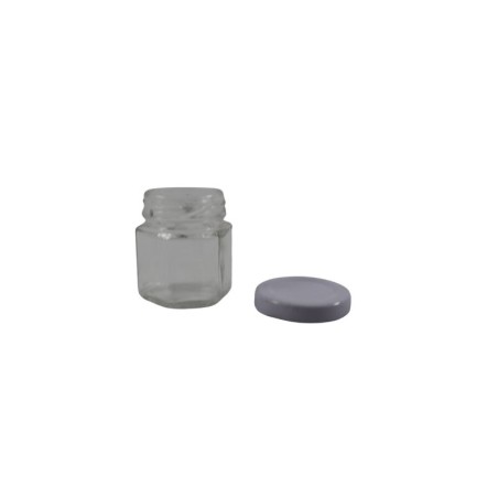 FRASCO DE VIDRIO HEXAGONAL MINI CON TAPA METÁLICA