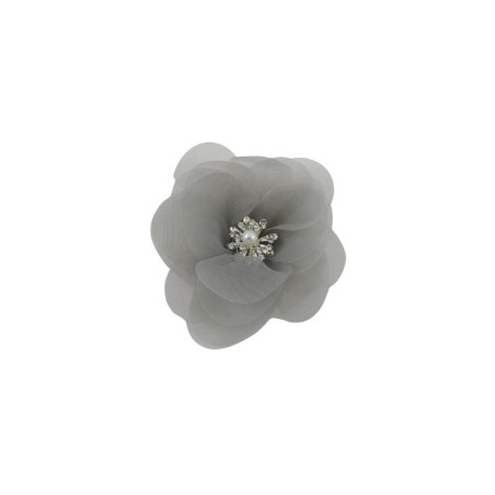 FLOR ORGANZA PLATA CON CENTRO PERLA