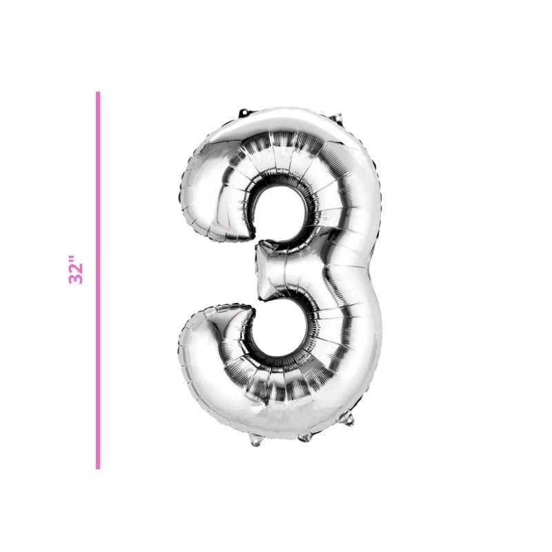 GLOBO 32 METÁLICO NÚMERO 3 PLATA