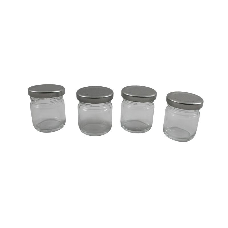 FRASCO DE VIDRIO MINI CON TAPA METÁLICA PLATA
