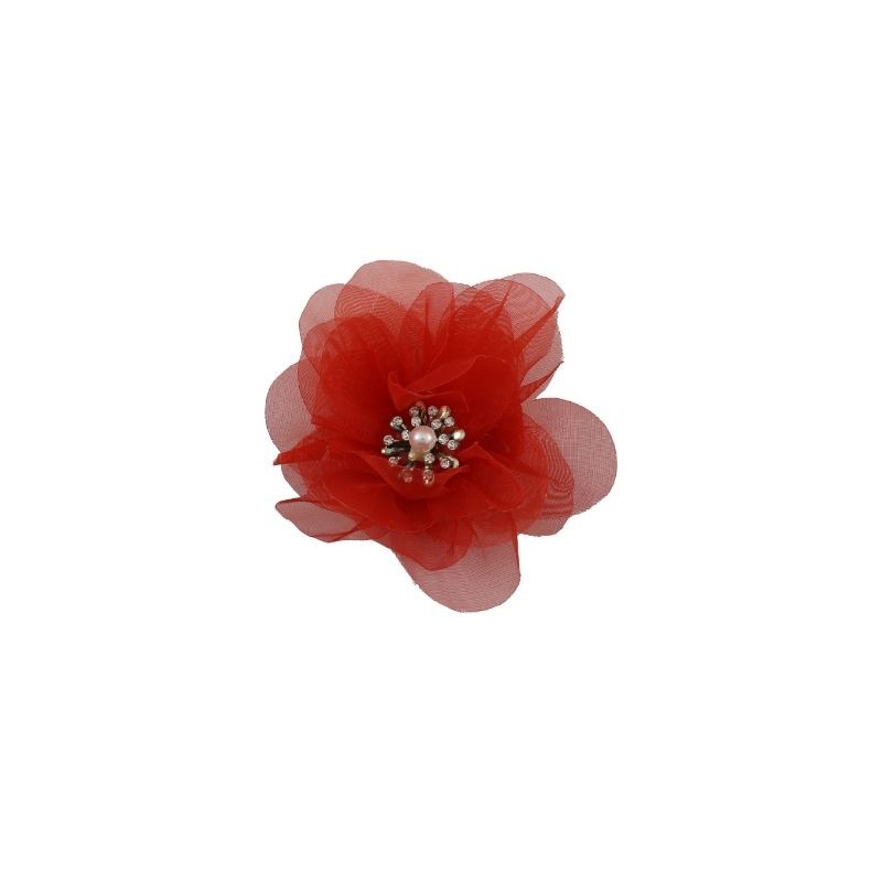 FLOR ORGANZA ROJO CON CENTRO PERLA